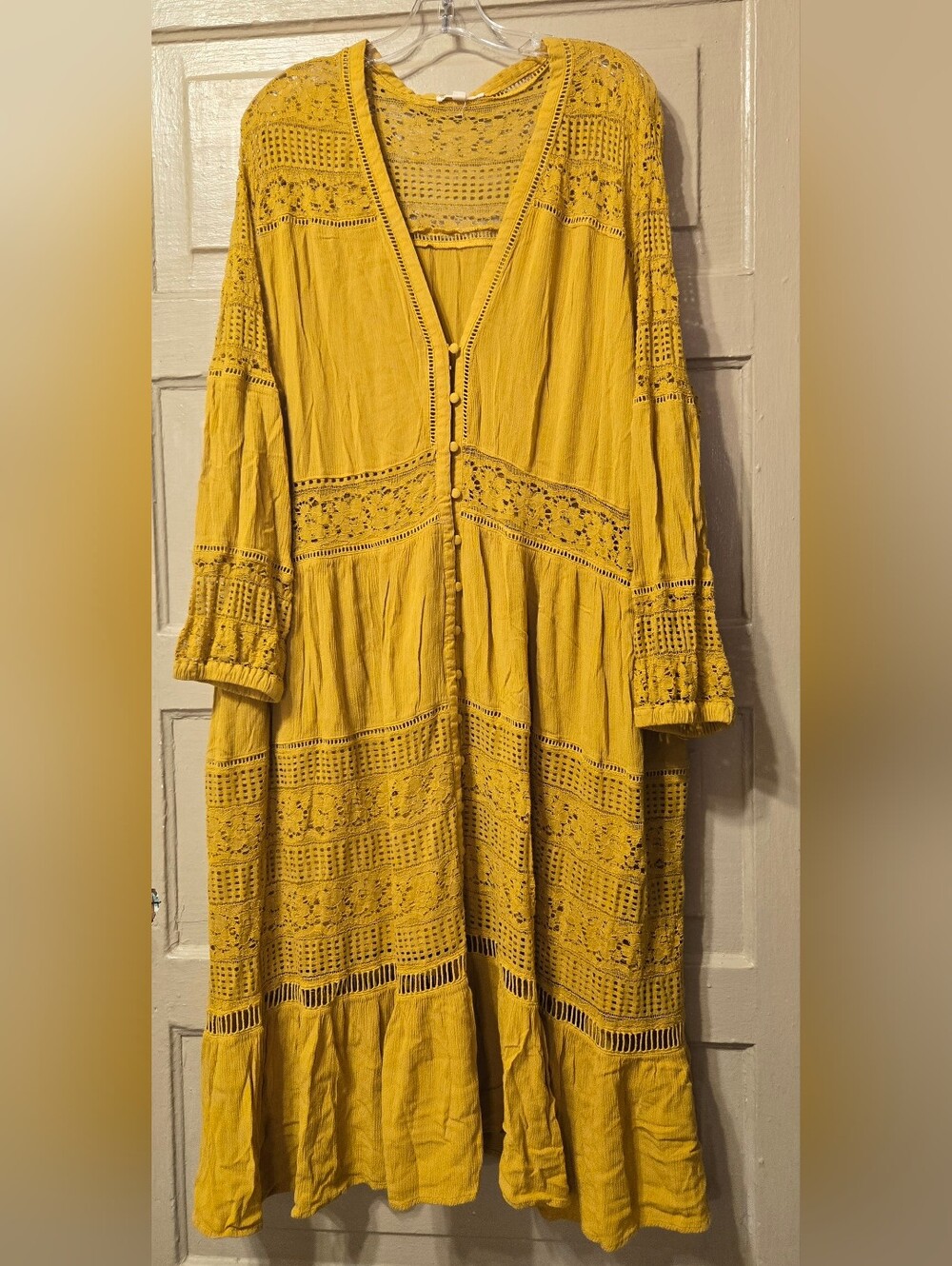 Indigo Thread Co. Boho Lace Flowy Golden Yellow Maxi Dress GUC Size: 3X